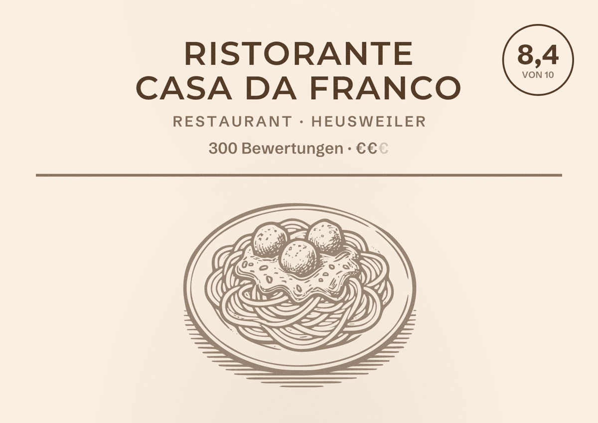 Illustriertes Poster von Ristorante Casa da Franco, Restaurant in Heusweiler: Bewertung 8,4 von 10 aus 300 Bewertungen, Preisniveau €€