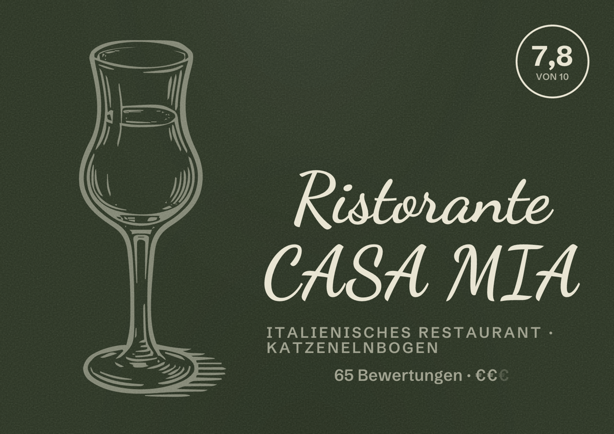 Illustriertes Poster von Ristorante CASA MIA, Italienisches Restaurant in Katzenelnbogen: Bewertung 7,8 von 10 aus 65 Bewertungen, Preisniveau €€