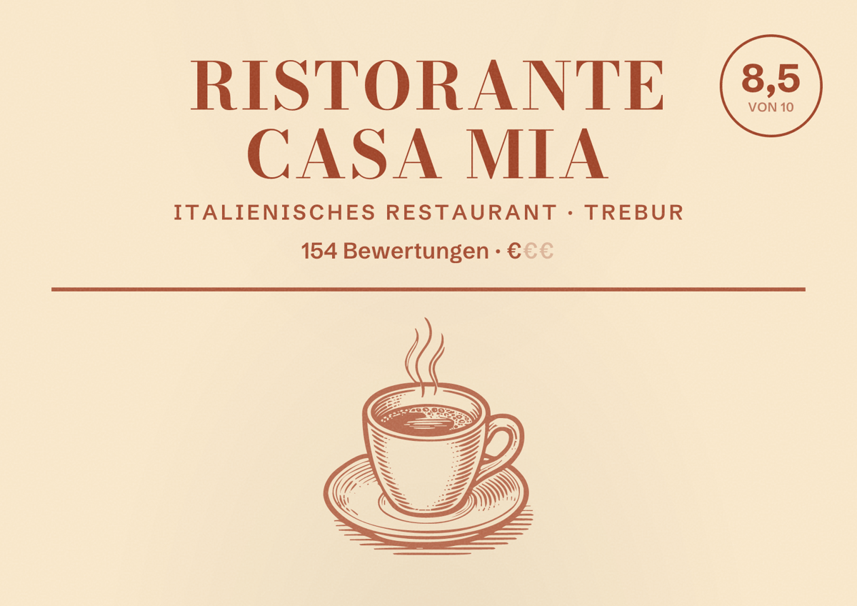 Illustriertes Poster von Ristorante Casa Mia, Italienisches Restaurant in Trebur: Bewertung 8,5 von 10 aus 154 Bewertungen, Preisniveau €