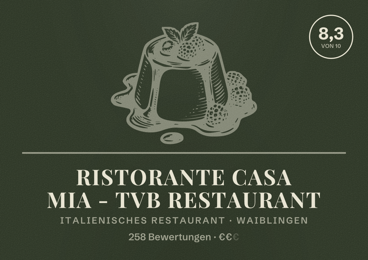 Illustriertes Poster von Ristorante CASA MIA - TVB Restaurant, Italienisches Restaurant in Waiblingen: Bewertung 8,3 von 10 aus 258 Bewertungen, Preisniveau €€