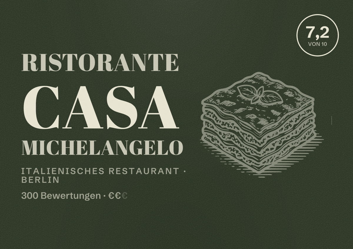 Illustriertes Poster von Ristorante Casa Michelangelo, Italienisches Restaurant in Berlin: Bewertung 7,2 von 10 aus 300 Bewertungen, Preisniveau €€