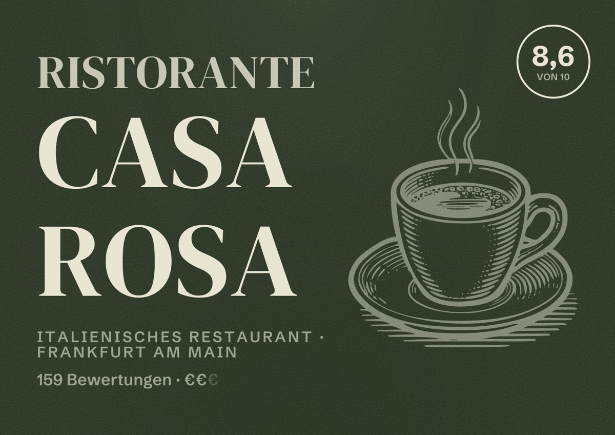 Illustriertes Poster von Ristorante Casa Rosa, Italienisches Restaurant in Frankfurt am Main: Bewertung 8,6 von 10 aus 159 Bewertungen, Preisniveau €€
