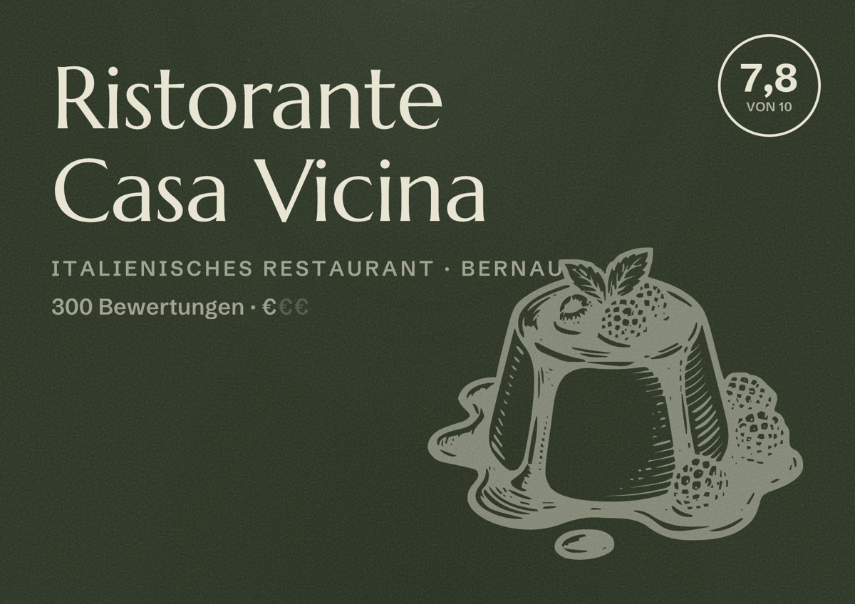 Illustriertes Poster von Ristorante Casa Vicina, Italienisches Restaurant in Bernau: Bewertung 7,8 von 10 aus 300 Bewertungen, Preisniveau €