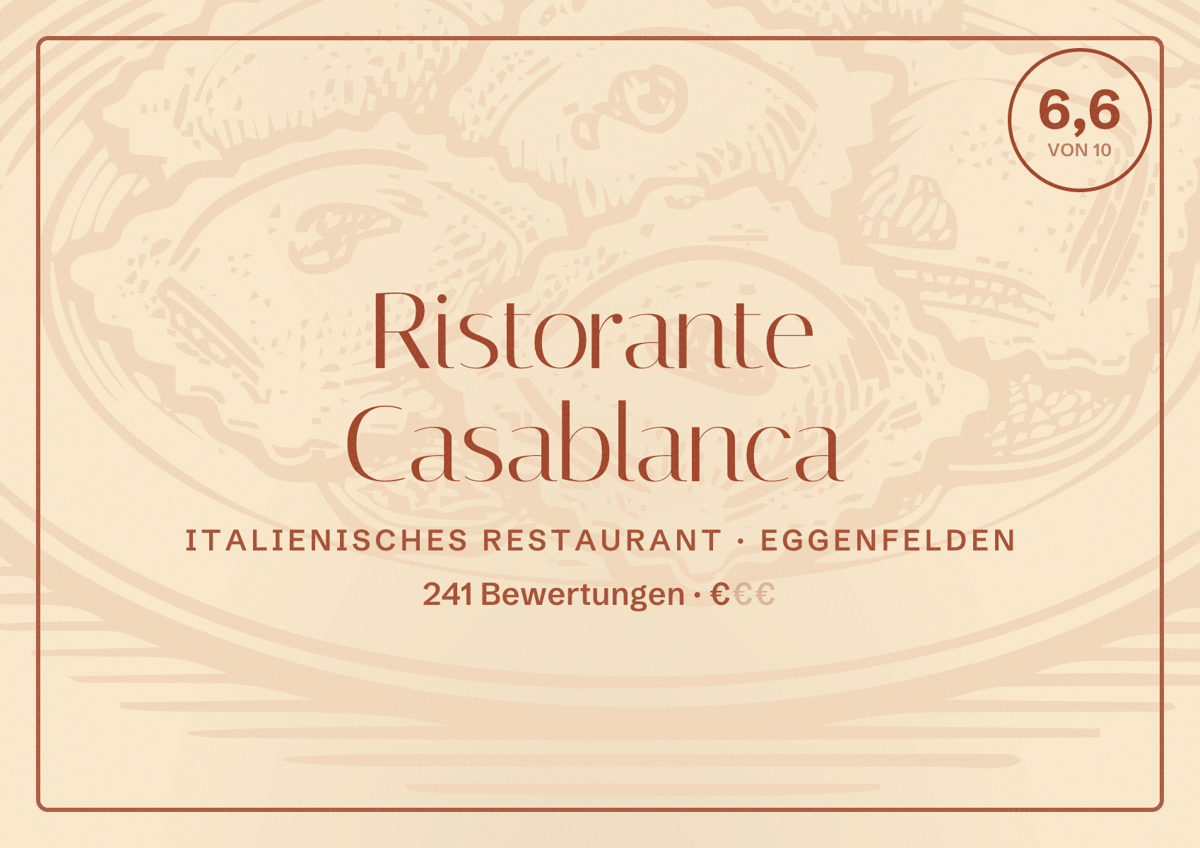 Illustriertes Poster von Ristorante Casablanca, Italienisches Restaurant in Eggenfelden: Bewertung 6,6 von 10 aus 241 Bewertungen, Preisniveau €