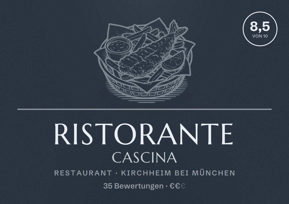 Illustriertes Poster von Ristorante Cascina, Restaurant in Kirchheim bei München: Bewertung 8,5 von 10 aus 35 Bewertungen, Preisniveau €€