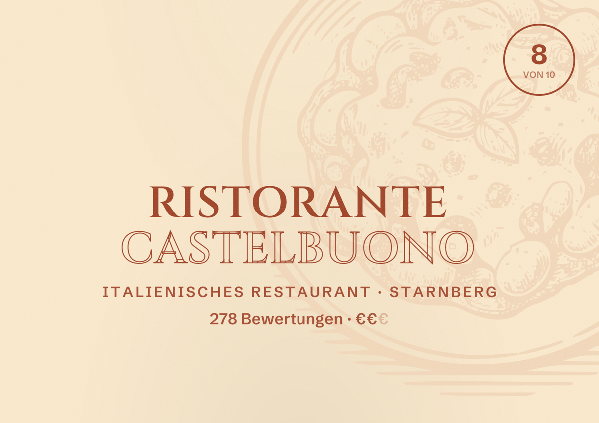 Illustriertes Poster von Ristorante CASTELBUONO, Italienisches Restaurant in Starnberg: Bewertung 8 von 10 aus 278 Bewertungen, Preisniveau €€