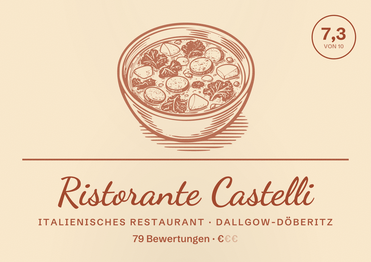 Illustriertes Poster von Ristorante Castelli, Italienisches Restaurant in Dallgow-Döberitz: Bewertung 7,3 von 10 aus 79 Bewertungen, Preisniveau €
