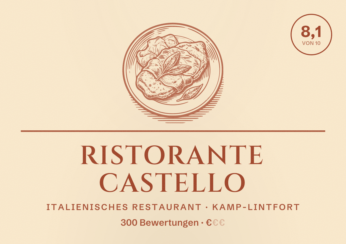 Illustriertes Poster von Ristorante Castello, Italienisches Restaurant in Kamp-Lintfort: Bewertung 8,1 von 10 aus 300 Bewertungen, Preisniveau €