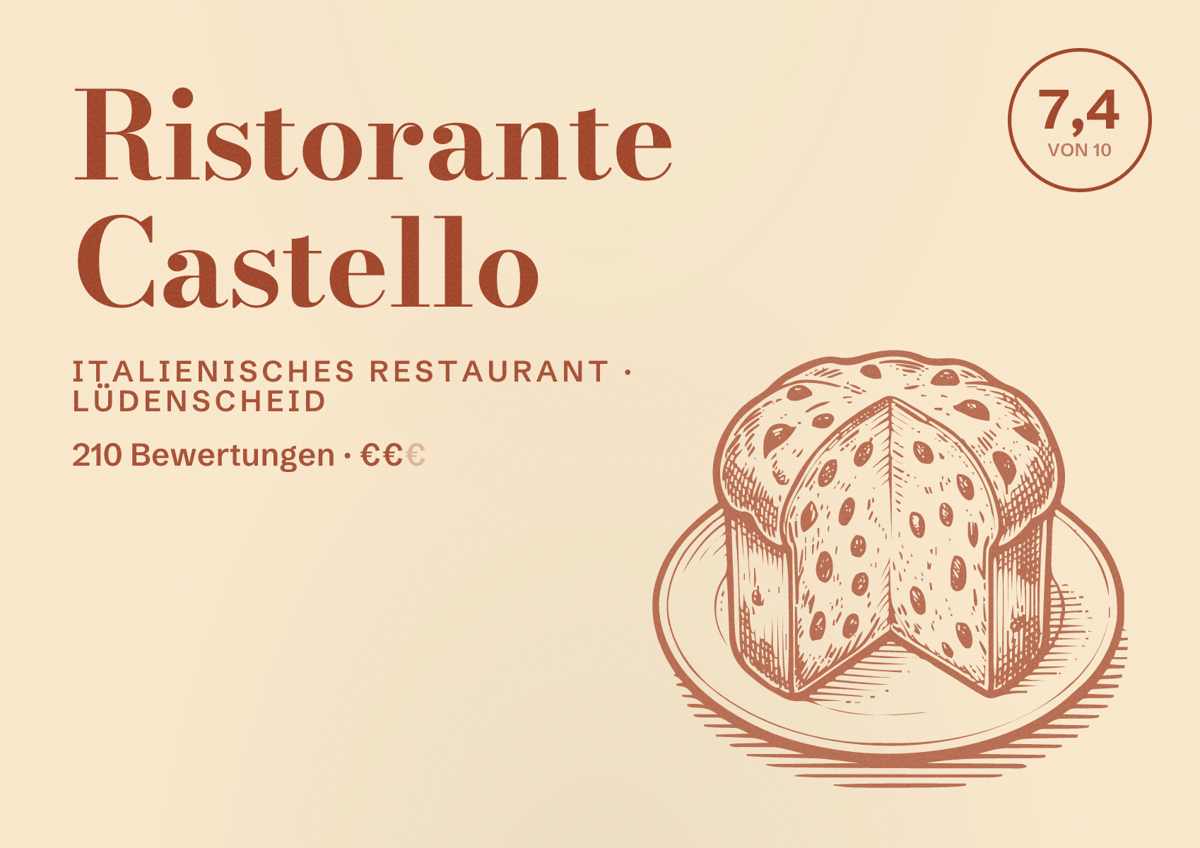 Illustriertes Poster von Ristorante Castello, Italienisches Restaurant in Lüdenscheid: Bewertung 7,4 von 10 aus 210 Bewertungen, Preisniveau €€
