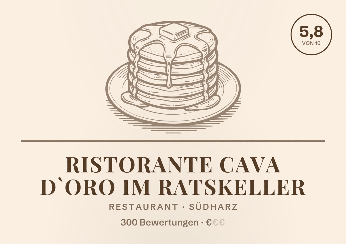 Illustriertes Poster von Ristorante Cava d`oro im Ratskeller, Restaurant in Südharz: Bewertung 5,8 von 10 aus 300 Bewertungen, Preisniveau €