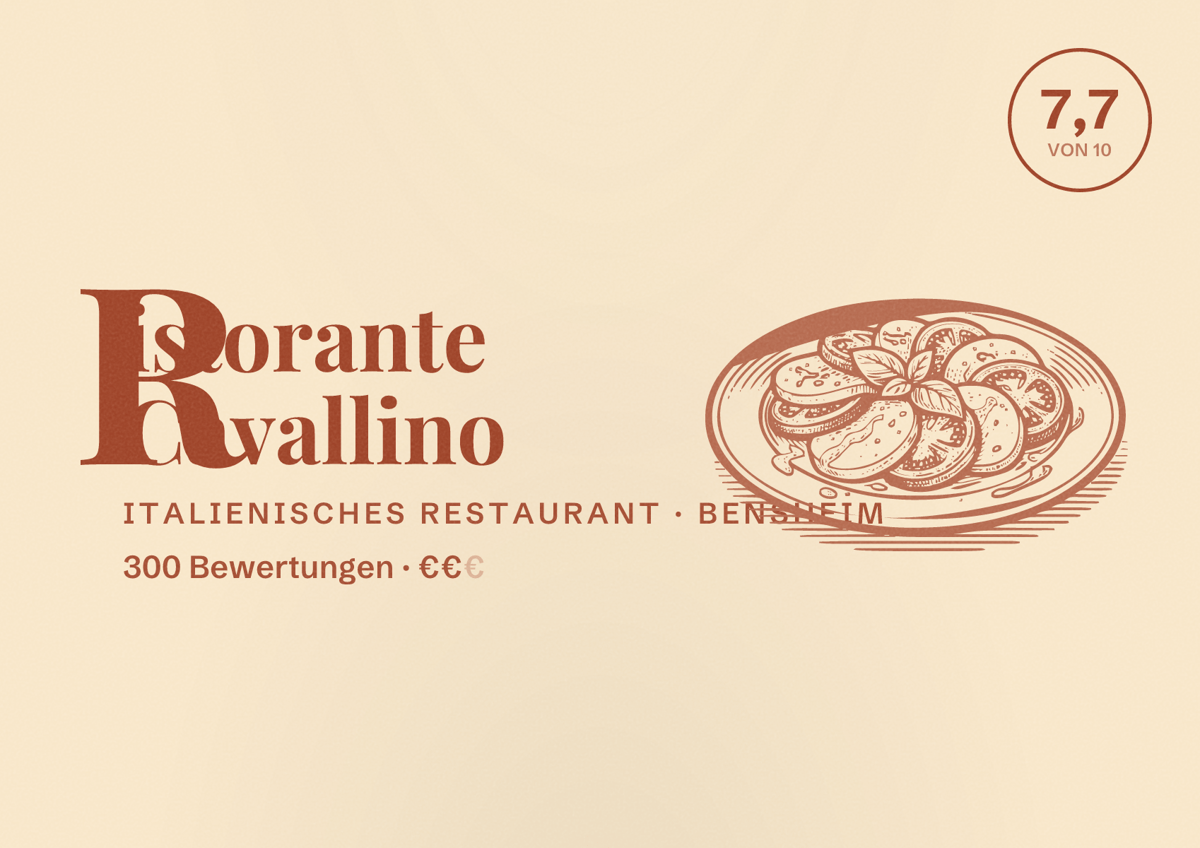 Illustriertes Poster von Ristorante Cavallino, Italienisches Restaurant in Bensheim: Bewertung 7,7 von 10 aus 300 Bewertungen, Preisniveau €€
