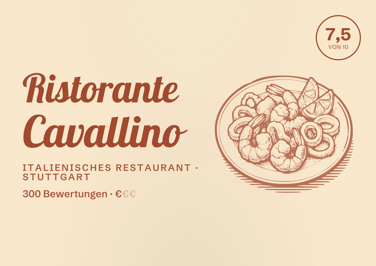 Illustriertes Poster von Ristorante Cavallino, Italienisches Restaurant in Stuttgart: Bewertung 7,5 von 10 aus 300 Bewertungen, Preisniveau €