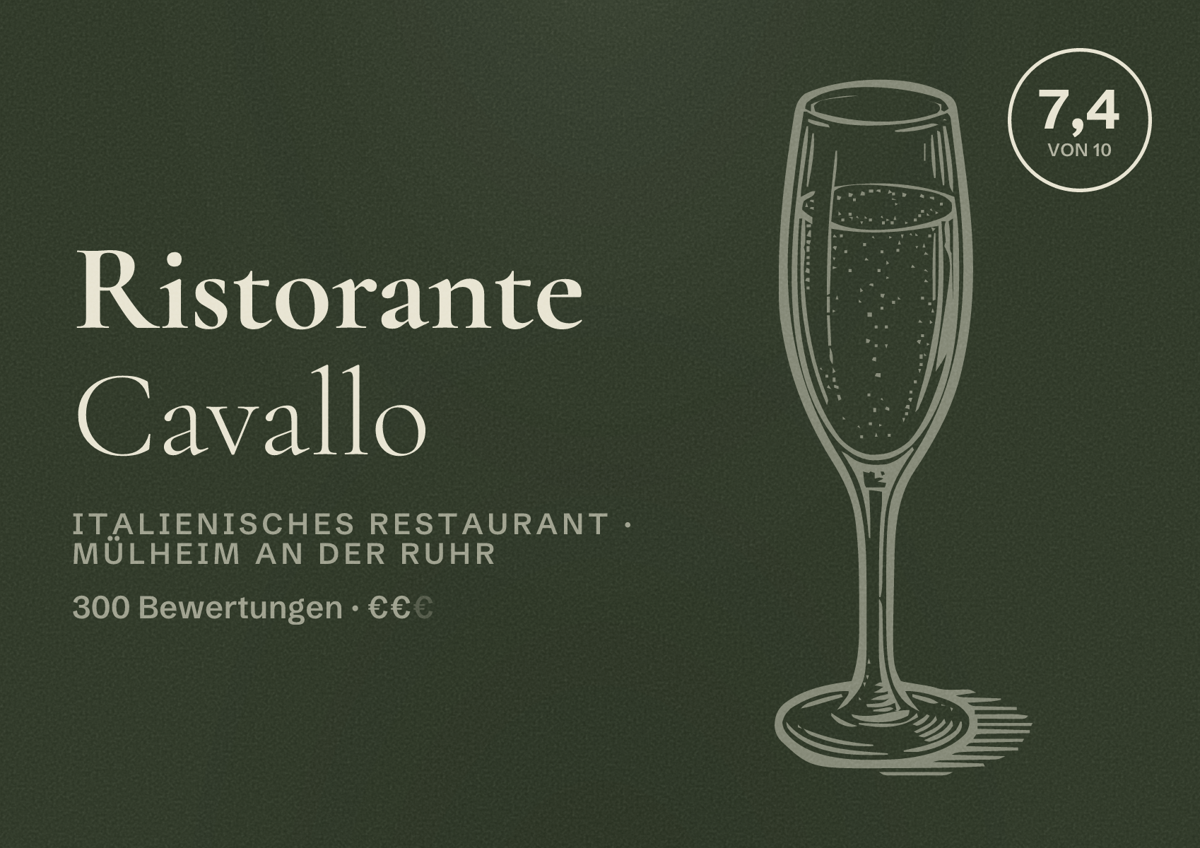 Illustriertes Poster von Ristorante Cavallo, Italienisches Restaurant in Mülheim an der Ruhr: Bewertung 7,4 von 10 aus 300 Bewertungen, Preisniveau €€