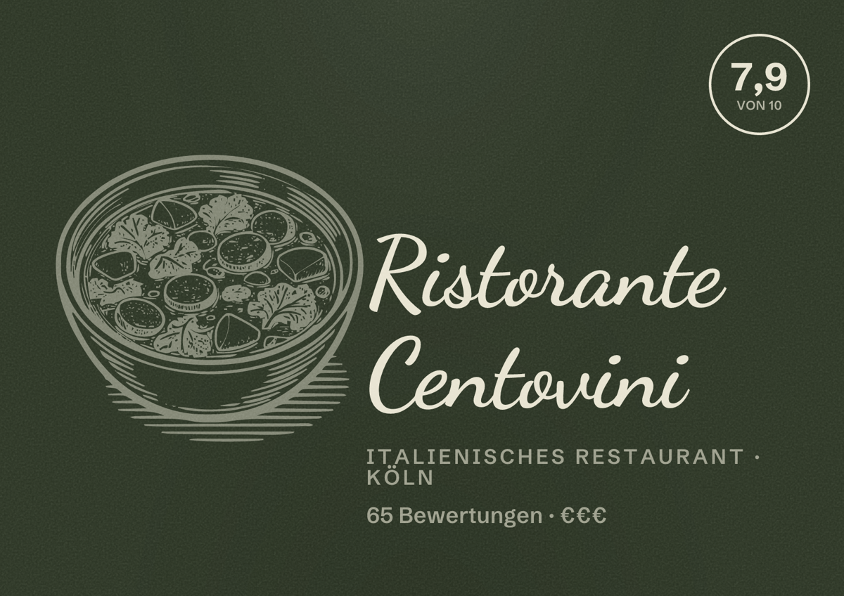 Illustriertes Poster von Ristorante Centovini, Italienisches Restaurant in Köln: Bewertung 7,9 von 10 aus 65 Bewertungen, Preisniveau €€€