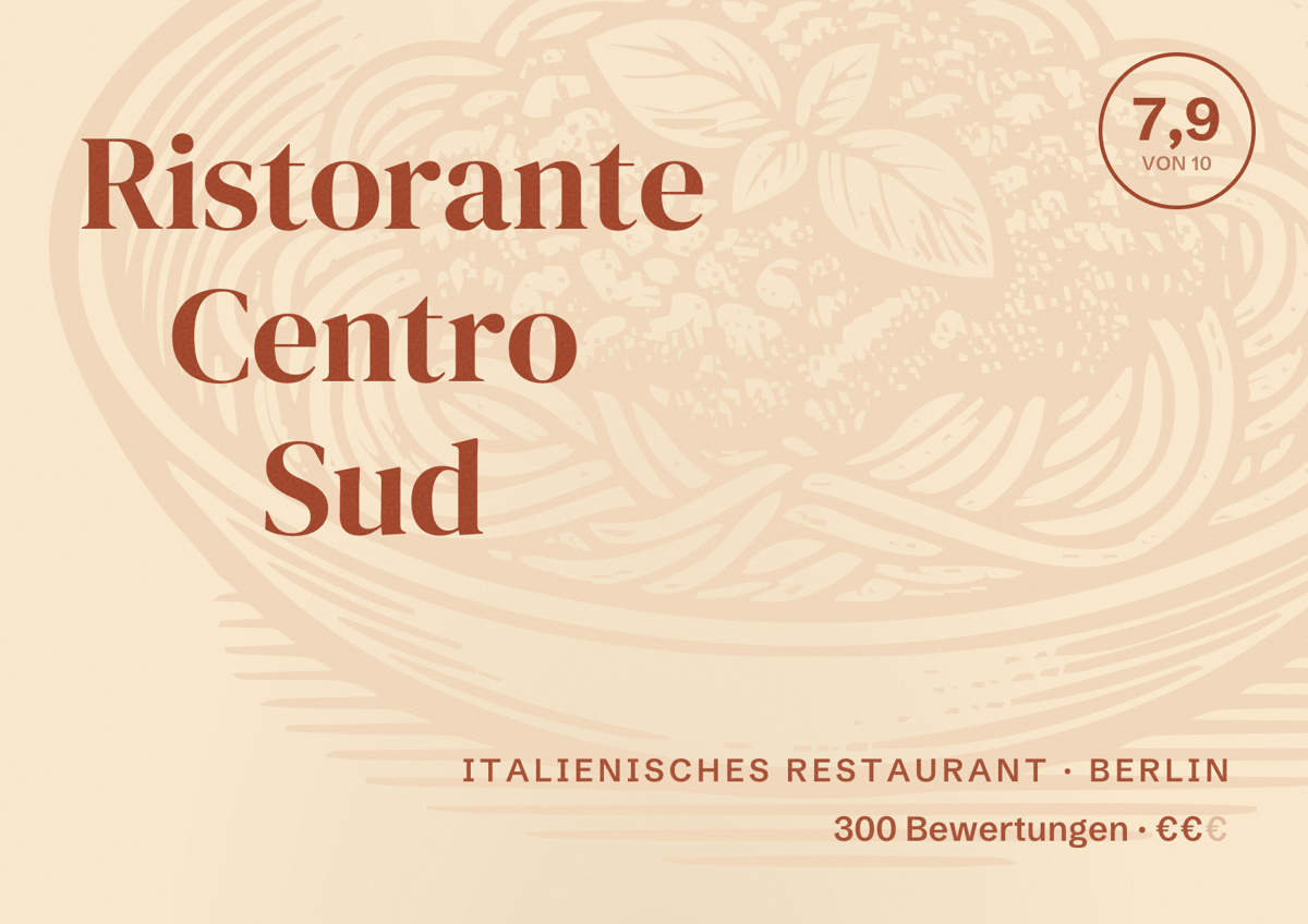 Illustriertes Poster von Ristorante Centro Sud, Italienisches Restaurant in Berlin: Bewertung 7,9 von 10 aus 300 Bewertungen, Preisniveau €€