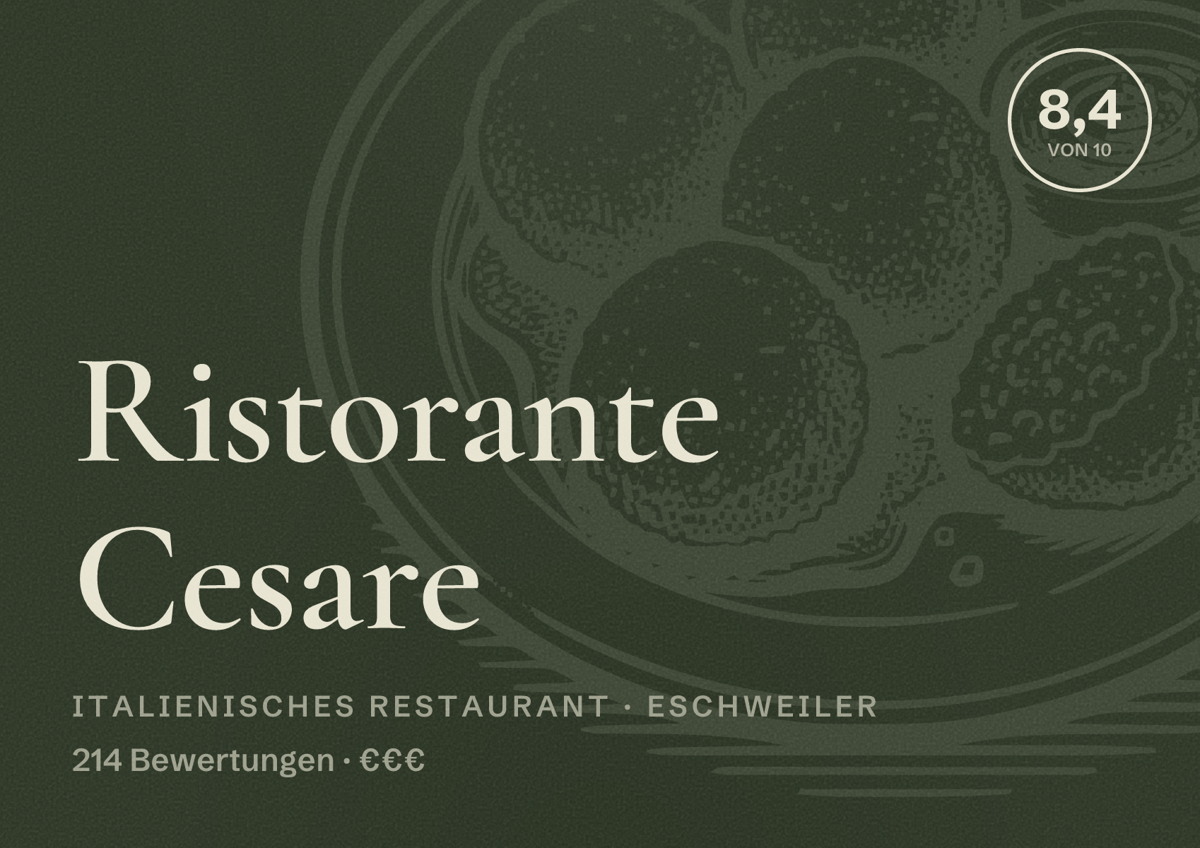 Illustriertes Poster von Ristorante Cesare, Italienisches Restaurant in Eschweiler: Bewertung 8,4 von 10 aus 214 Bewertungen, Preisniveau €€€
