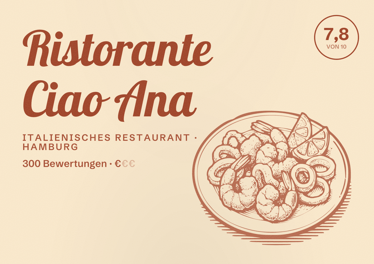 Illustriertes Poster von Ristorante Ciao Ana, Italienisches Restaurant in Hamburg: Bewertung 7,8 von 10 aus 300 Bewertungen, Preisniveau €