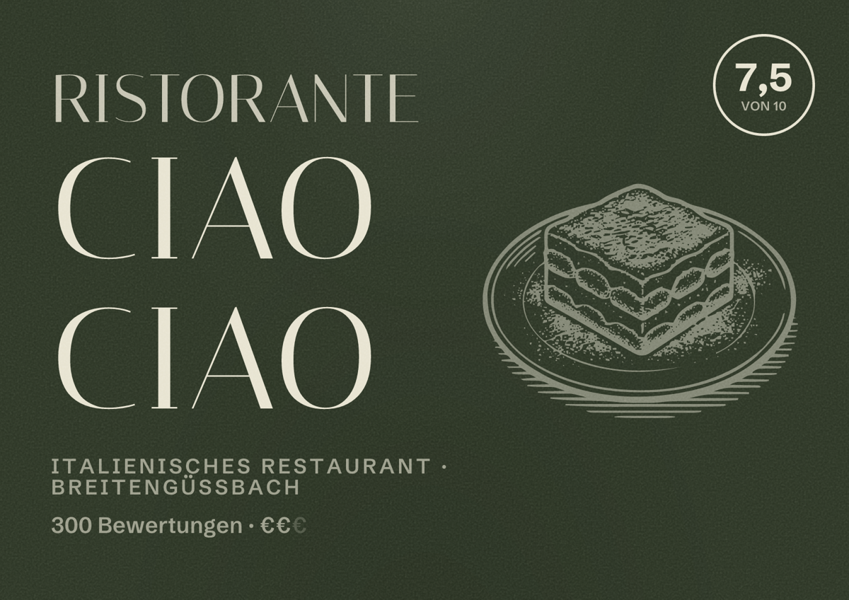 Illustriertes Poster von Ristorante Ciao Ciao, Italienisches Restaurant in Breitengüßbach: Bewertung 7,5 von 10 aus 300 Bewertungen, Preisniveau €€