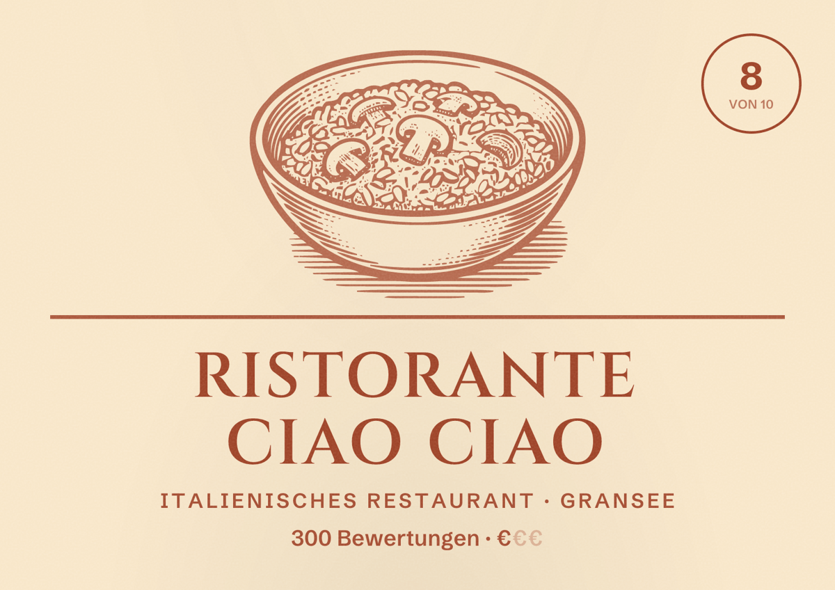 Illustriertes Poster von Ristorante Ciao Ciao, Italienisches Restaurant in Gransee: Bewertung 8 von 10 aus 300 Bewertungen, Preisniveau €