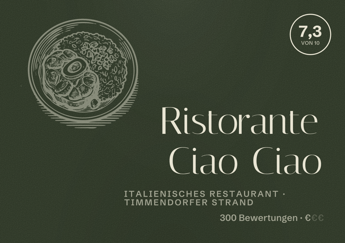 Illustriertes Poster von Ristorante Ciao Ciao, Italienisches Restaurant in Timmendorfer Strand: Bewertung 7,3 von 10 aus 300 Bewertungen, Preisniveau €