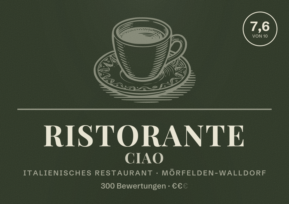 Illustriertes Poster von Ristorante Ciao, Italienisches Restaurant in Mörfelden-Walldorf: Bewertung 7,6 von 10 aus 300 Bewertungen, Preisniveau €€
