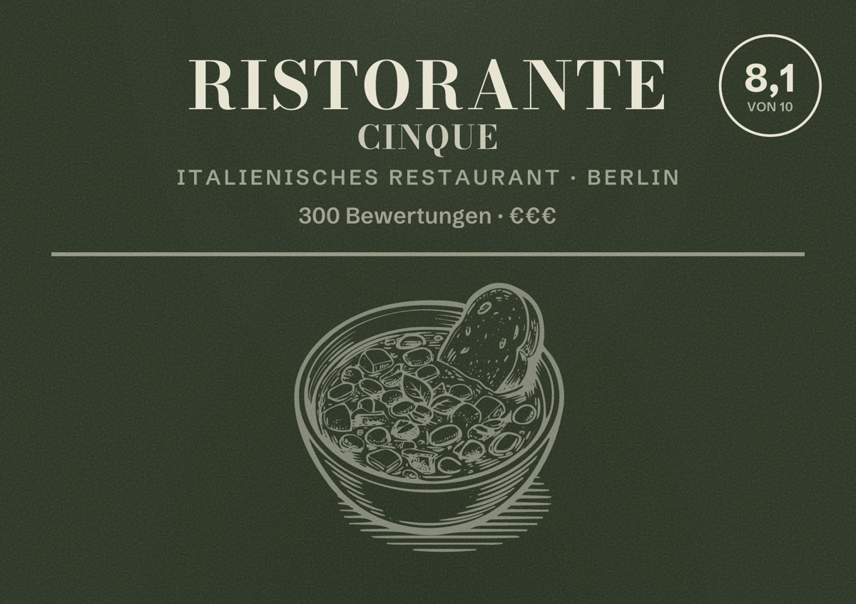 Illustriertes Poster von Ristorante Cinque, Italienisches Restaurant in Berlin: Bewertung 8,1 von 10 aus 300 Bewertungen, Preisniveau €€€