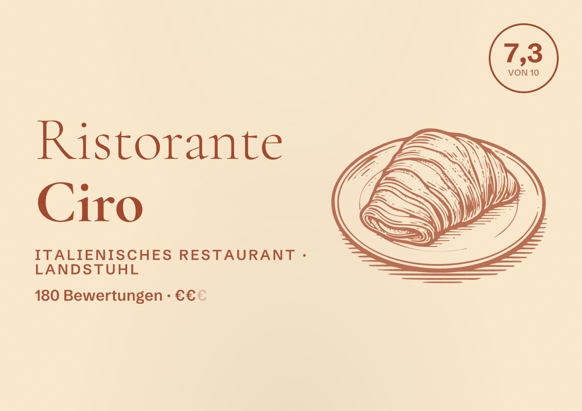 Illustriertes Poster von Ristorante Ciro, Italienisches Restaurant in Landstuhl: Bewertung 7,3 von 10 aus 180 Bewertungen, Preisniveau €€