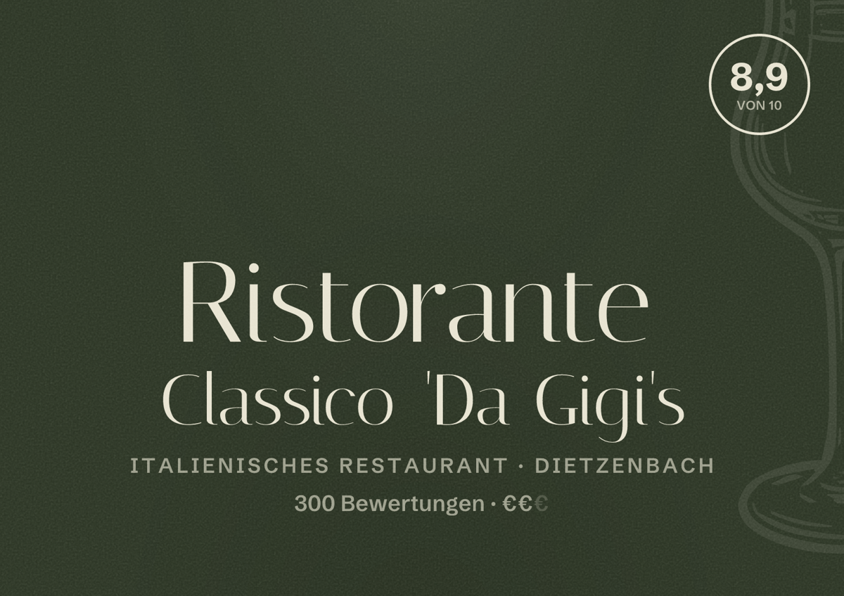 Illustriertes Poster von Ristorante Classico 'Da Gigi's, Italienisches Restaurant in Dietzenbach: Bewertung 8,9 von 10 aus 300 Bewertungen, Preisniveau €€