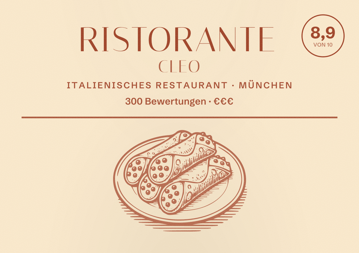 Illustriertes Poster von Ristorante Cleo, Italienisches Restaurant in München: Bewertung 8,9 von 10 aus 300 Bewertungen, Preisniveau €€€