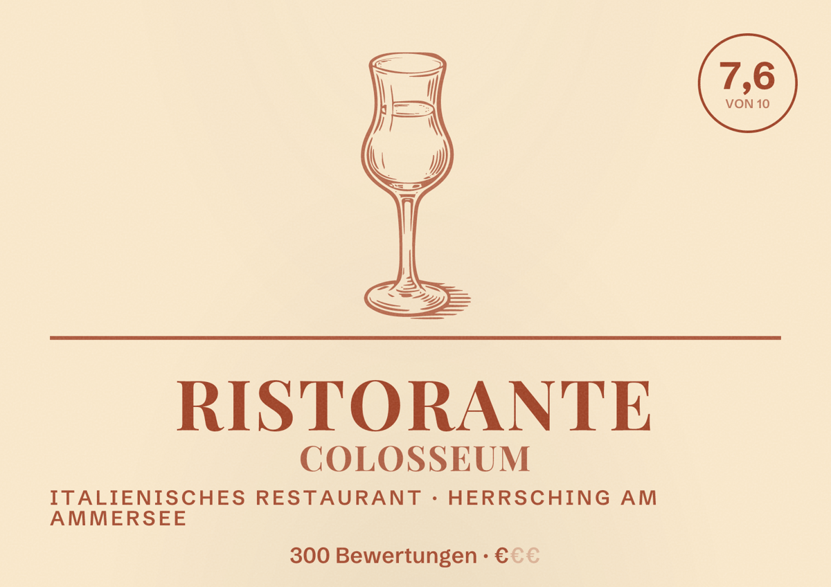 Illustriertes Poster von Ristorante Colosseum, Italienisches Restaurant in Herrsching am Ammersee: Bewertung 7,6 von 10 aus 300 Bewertungen, Preisniveau €