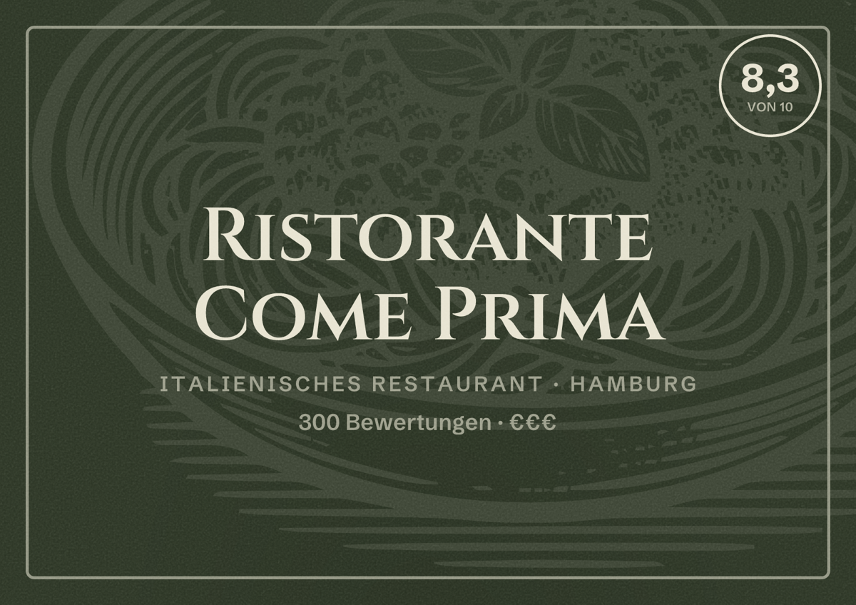 Illustriertes Poster von Ristorante Come Prima, Italienisches Restaurant in Hamburg: Bewertung 8,3 von 10 aus 300 Bewertungen, Preisniveau €€€