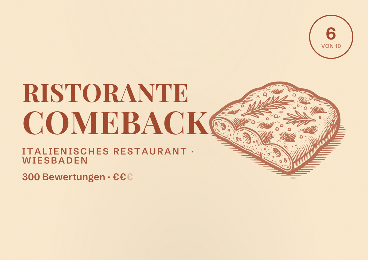 Illustriertes Poster von Ristorante Comeback, Italienisches Restaurant in Wiesbaden: Bewertung 6,0 von 10 aus 300 Bewertungen, Preisniveau €€
