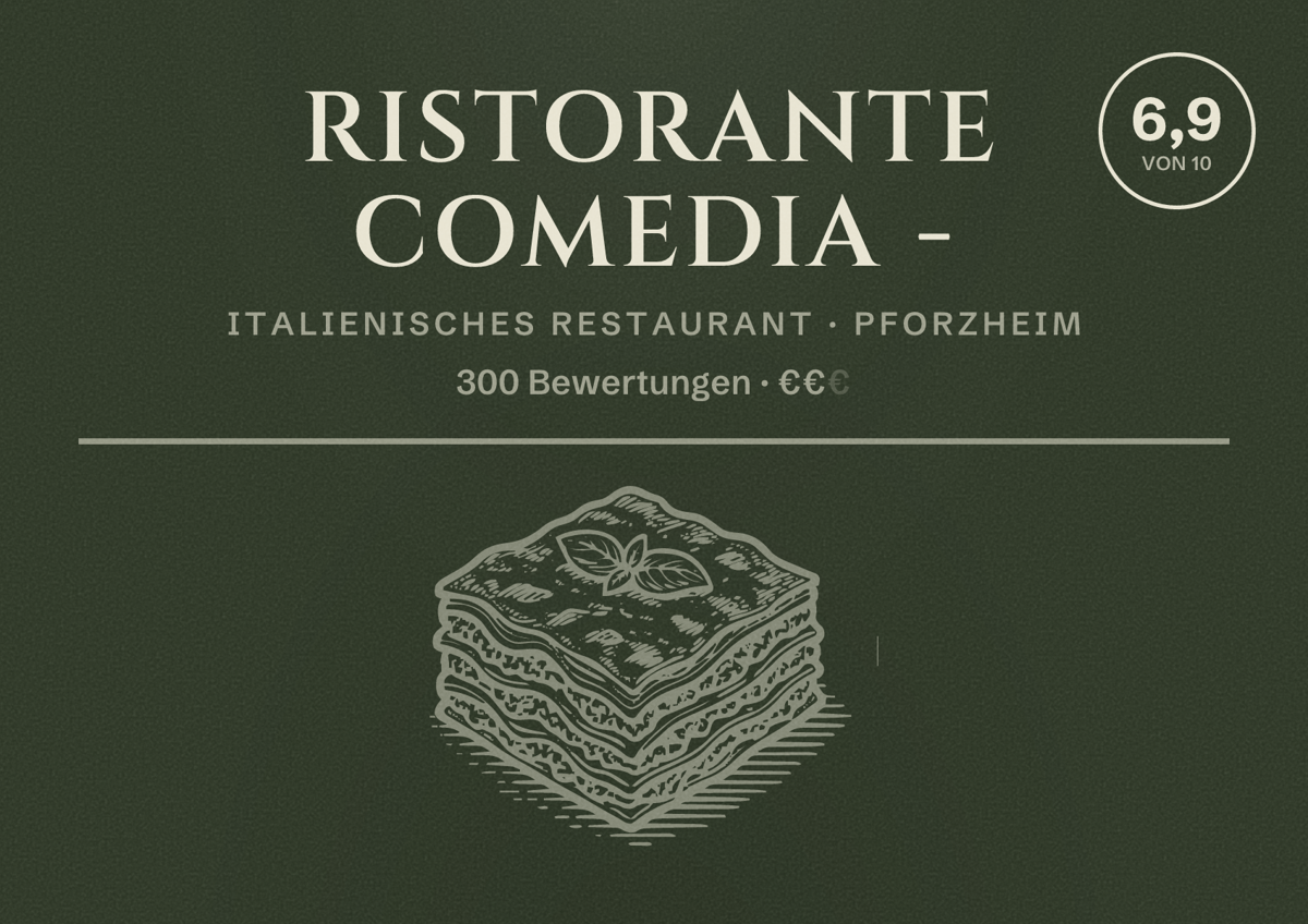 Illustriertes Poster von Ristorante Comedia -, Italienisches Restaurant in Pforzheim: Bewertung 6,9 von 10 aus 300 Bewertungen, Preisniveau €€