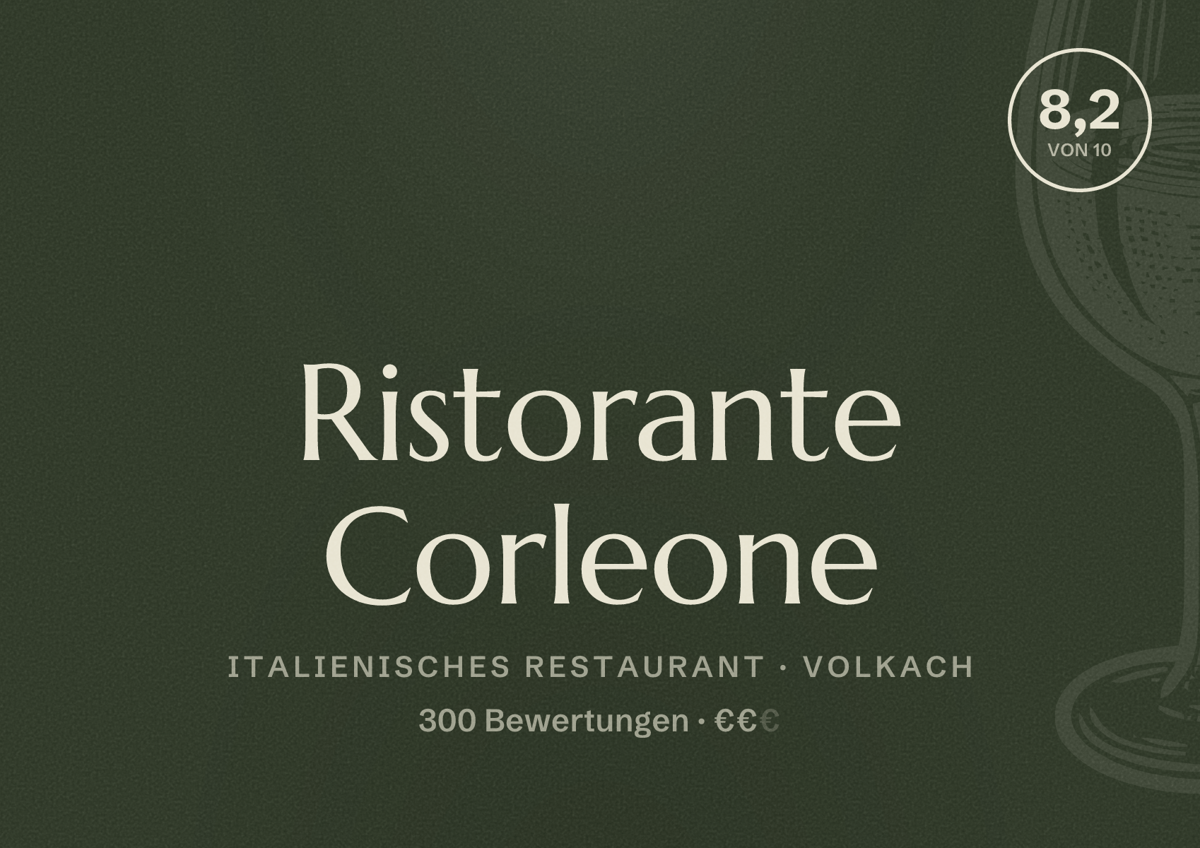 Illustriertes Poster von Ristorante Corleone, Italienisches Restaurant in Volkach: Bewertung 8,2 von 10 aus 300 Bewertungen, Preisniveau €€