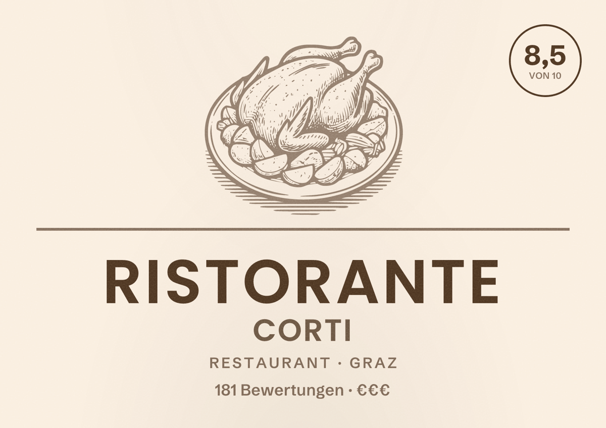 Illustriertes Poster von Ristorante Corti, Restaurant in Graz: Bewertung 8,5 von 10 aus 181 Bewertungen, Preisniveau €€€