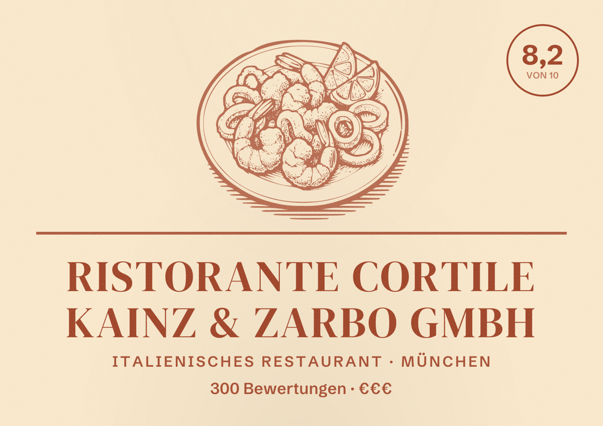 Illustriertes Poster von Ristorante Cortile Kainz & Zarbo GmbH, Italienisches Restaurant in München: Bewertung 8,2 von 10 aus 300 Bewertungen, Preisniveau €€€