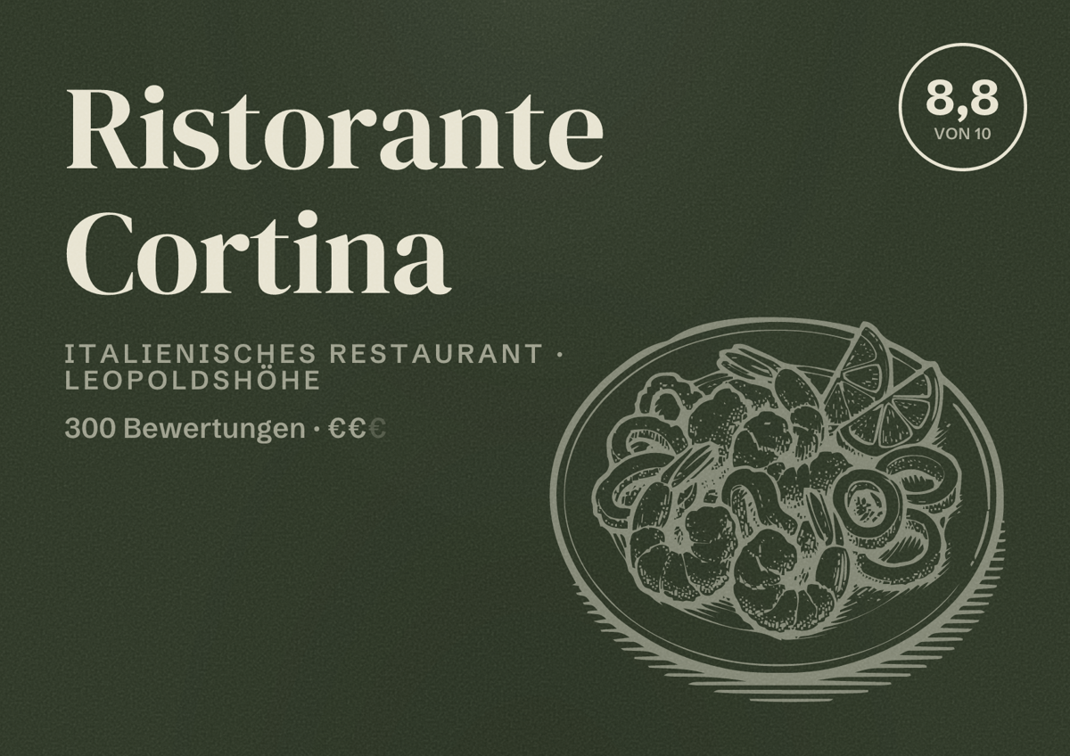 Illustriertes Poster von Ristorante Cortina, Italienisches Restaurant in Leopoldshöhe: Bewertung 8,8 von 10 aus 300 Bewertungen, Preisniveau €€