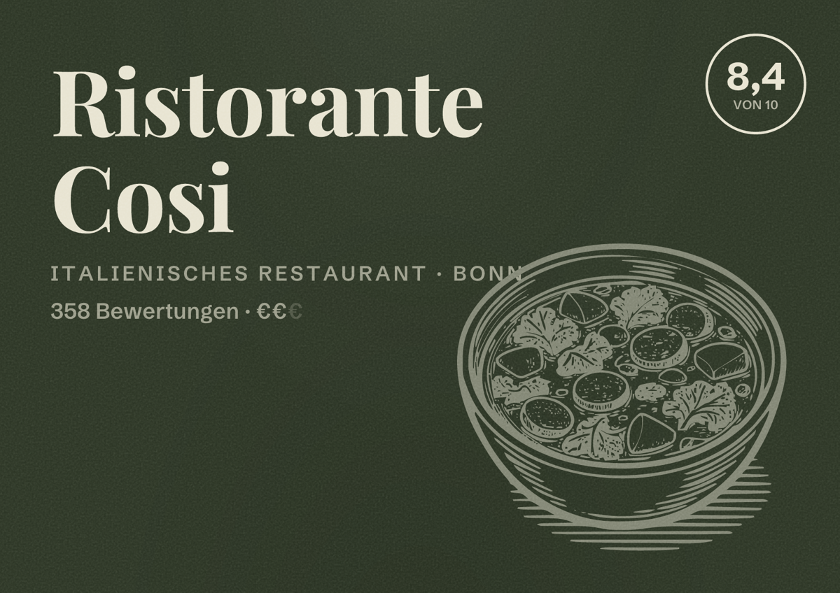 Illustriertes Poster von Ristorante Cosi, Italienisches Restaurant in Bonn: Bewertung 8,4 von 10 aus 358 Bewertungen, Preisniveau €€