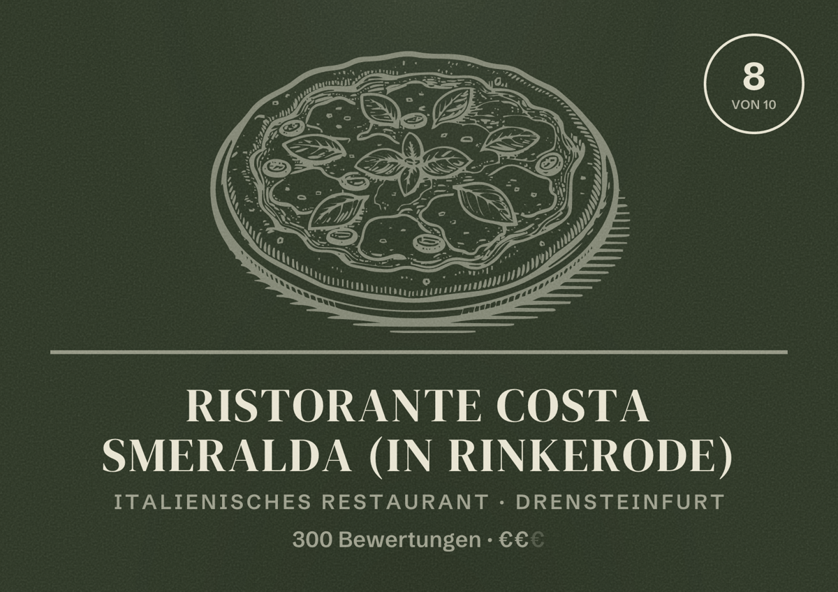 Illustriertes Poster von Ristorante Costa Smeralda (in Rinkerode), Italienisches Restaurant in Drensteinfurt: Bewertung 8 von 10 aus 300 Bewertungen, Preisniveau €€
