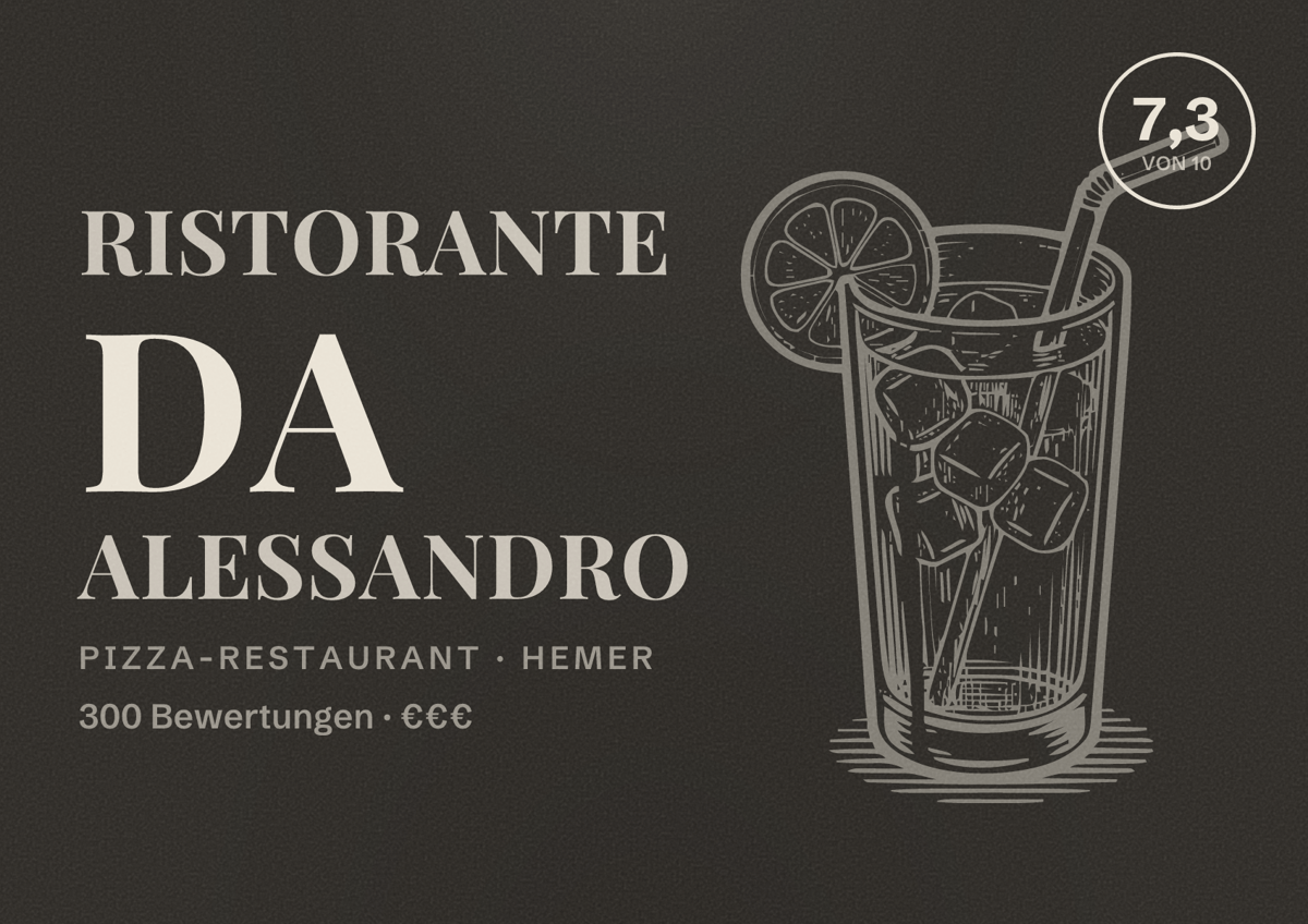 Illustriertes Poster von Ristorante da Alessandro, Pizza-Restaurant in Hemer: Bewertung 7,3 von 10 aus 300 Bewertungen, Preisniveau €€€