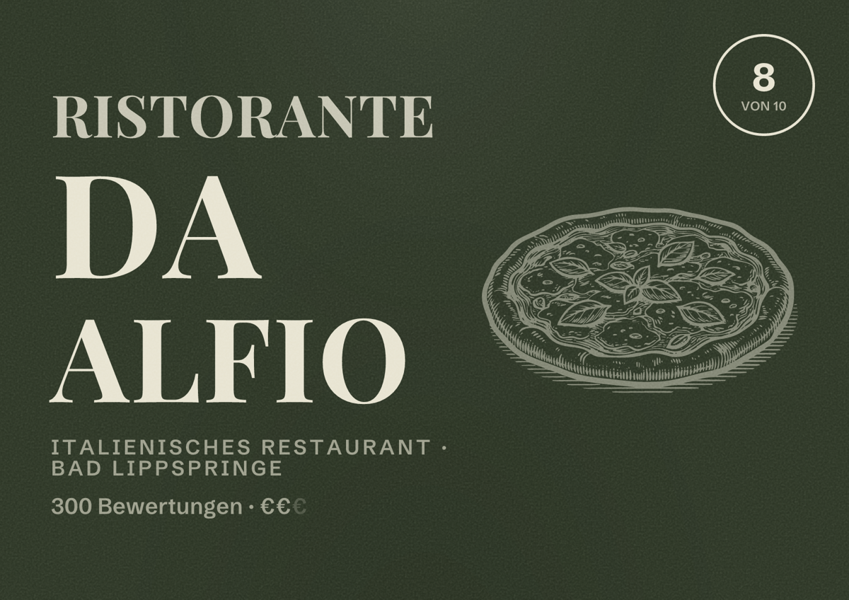 Illustriertes Poster von Ristorante Da Alfio, Italienisches Restaurant in Bad Lippspringe: Bewertung 8 von 10 aus 300 Bewertungen, Preisniveau €€
