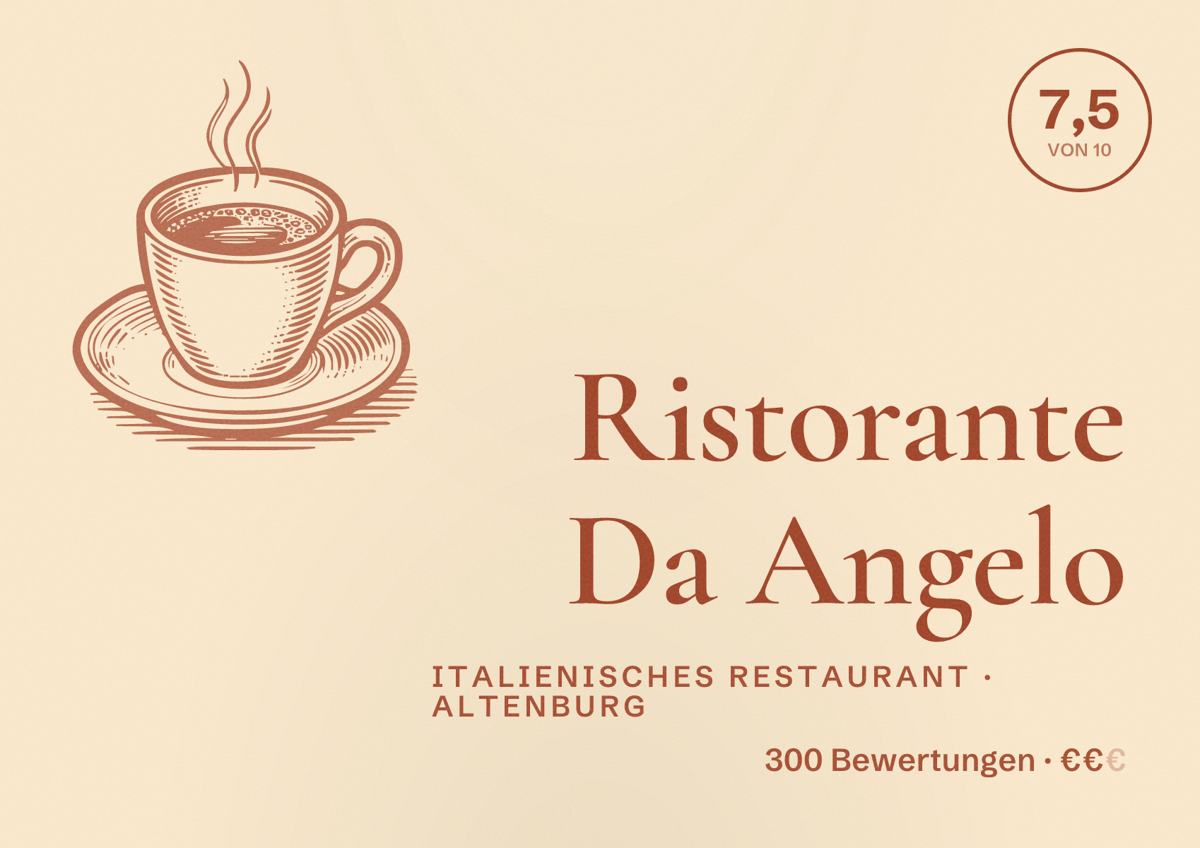 Illustriertes Poster von Ristorante Da Angelo, Italienisches Restaurant in Altenburg: Bewertung 7,5 von 10 aus 300 Bewertungen, Preisniveau €€