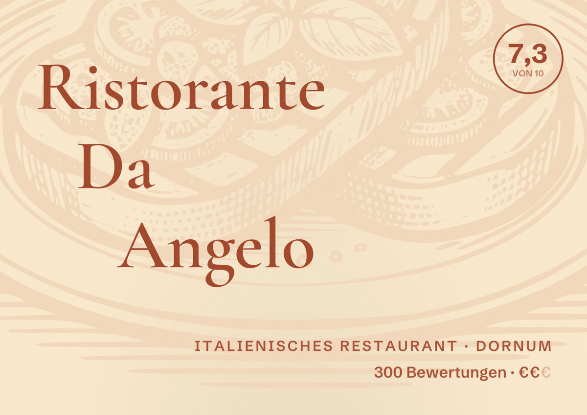 Illustriertes Poster von Ristorante Da Angelo, Italienisches Restaurant in Dornum: Bewertung 7,3 von 10 aus 300 Bewertungen, Preisniveau €€