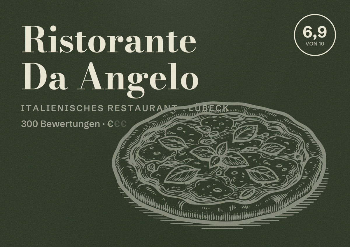 Illustriertes Poster von Ristorante Da Angelo, Italienisches Restaurant in Lübeck: Bewertung 6,9 von 10 aus 300 Bewertungen, Preisniveau €