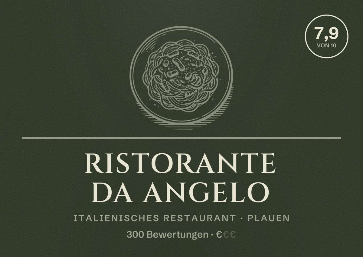 Illustriertes Poster von Ristorante Da Angelo, Italienisches Restaurant in Plauen: Bewertung 7,9 von 10 aus 300 Bewertungen, Preisniveau €