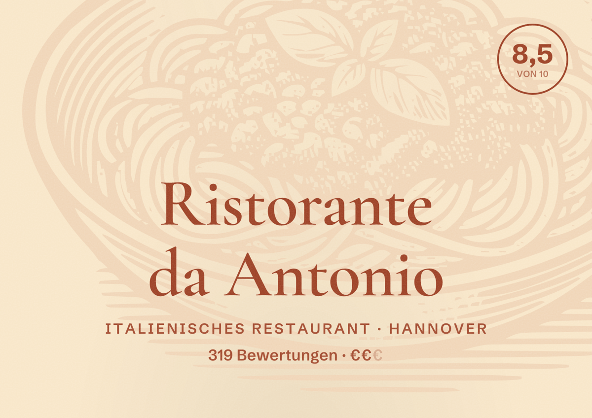 Illustriertes Poster von Ristorante da Antonio, Italienisches Restaurant in Hannover: Bewertung 8,5 von 10 aus 319 Bewertungen, Preisniveau €€