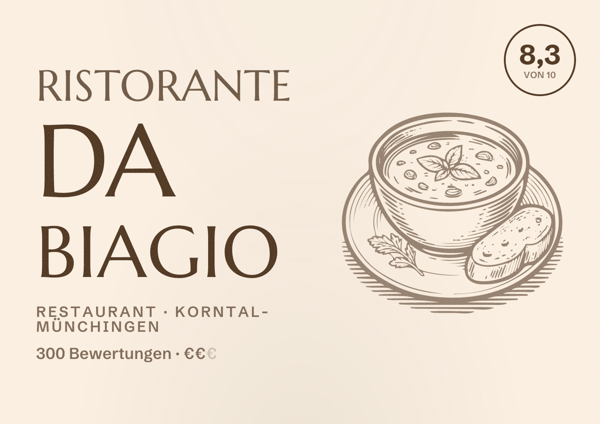 Illustriertes Poster von Ristorante Da Biagio, Restaurant in Korntal-Münchingen: Bewertung 8,3 von 10 aus 300 Bewertungen, Preisniveau €€