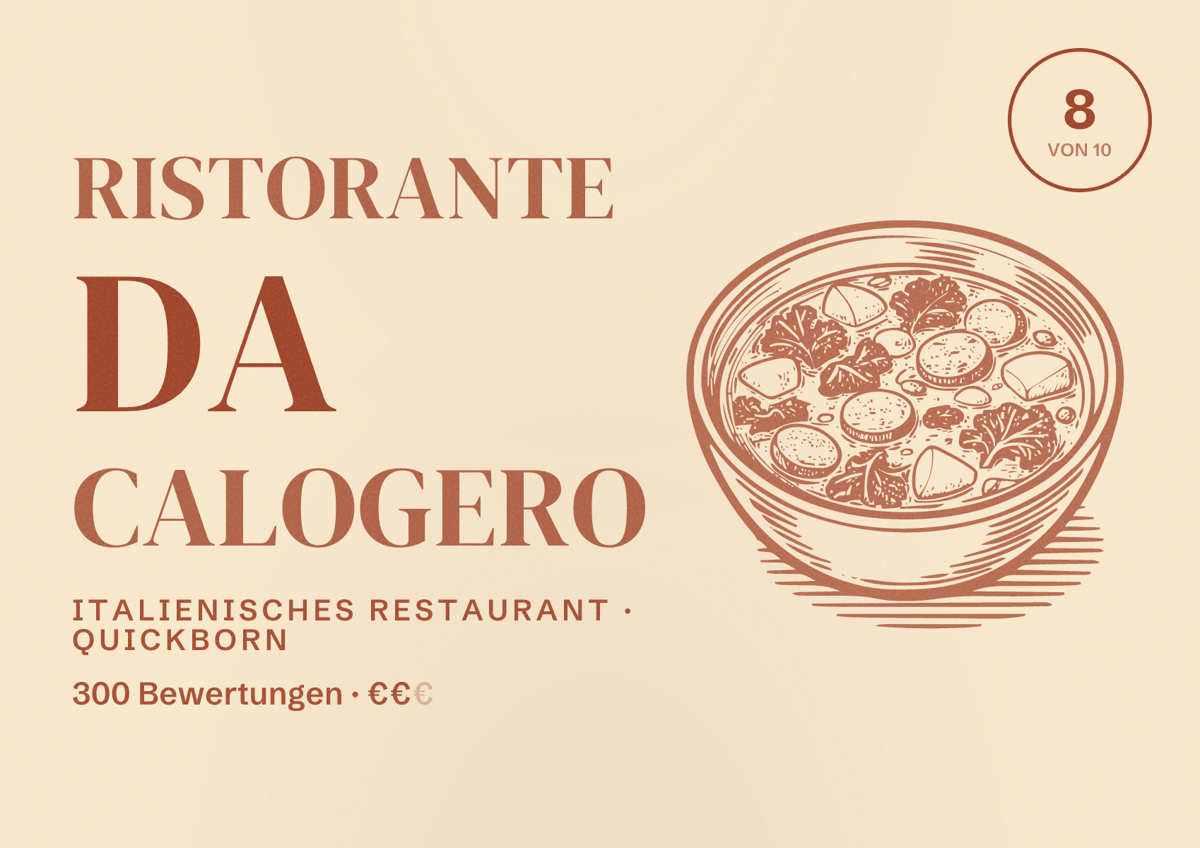 Illustriertes Poster von Ristorante Da Calogero, Italienisches Restaurant in Quickborn: Bewertung 8 von 10 aus 300 Bewertungen, Preisniveau €€