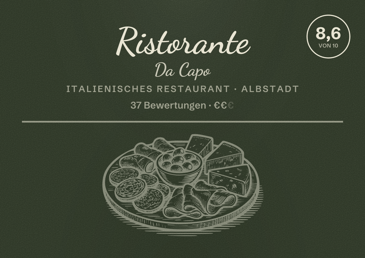 Illustriertes Poster von Ristorante Da Capo, Italienisches Restaurant in Albstadt: Bewertung 8,6 von 10 aus 37 Bewertungen, Preisniveau €€