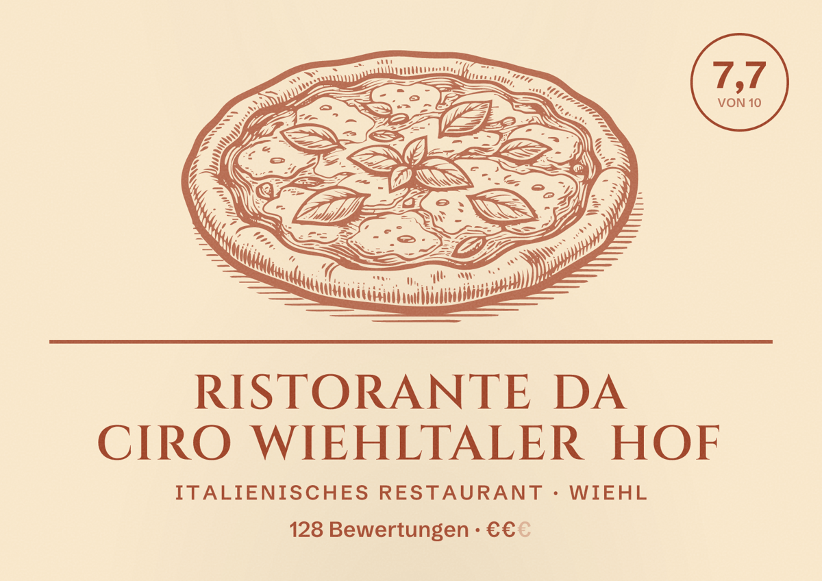 Illustriertes Poster von Ristorante Da Ciro Wiehltaler Hof, Italienisches Restaurant in Wiehl: Bewertung 7,7 von 10 aus 128 Bewertungen, Preisniveau €€